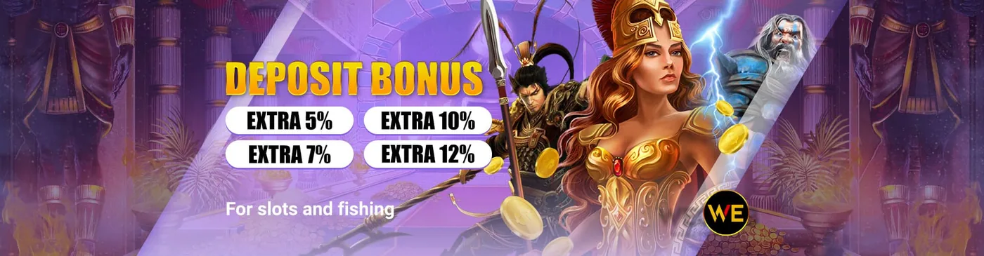 Deposit bonus with extra 5%, 7%, 10% and 12%, for slots and fishing